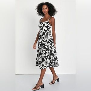 Lulus Amusing Charm White Floral Print Tie-Back Midi Dress Sz Large NWT